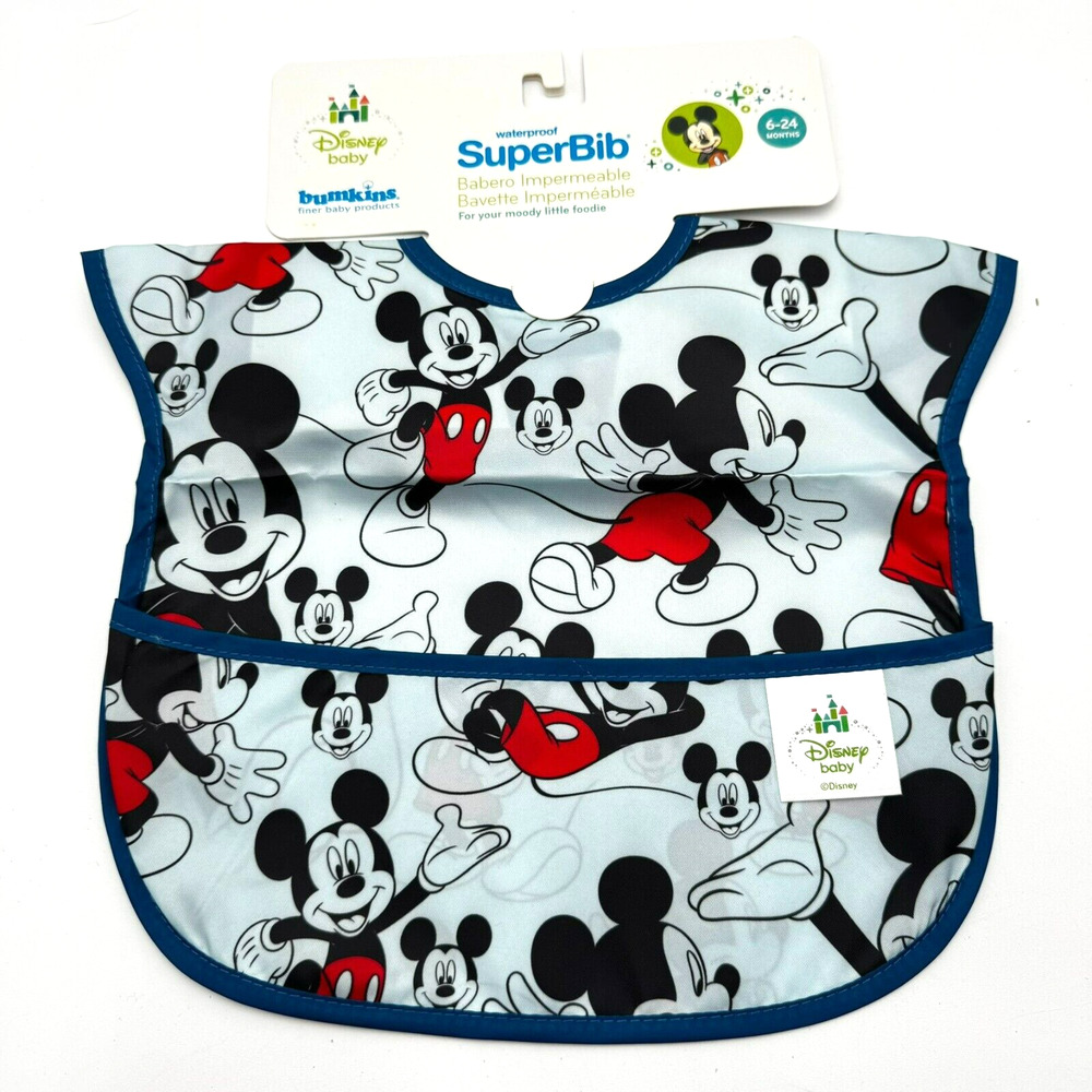 BUMKINS NEW Baby SuperBib Disney‎ Mickey Mouse Blue Size 6-24 Months Easy Wipe